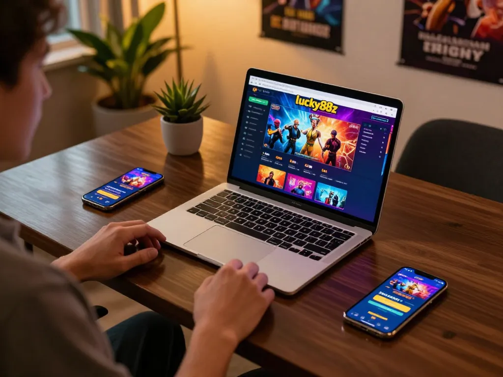 Engaging gaming moment at lucky88z online casino with laptop and smartphone in a cozy setup.