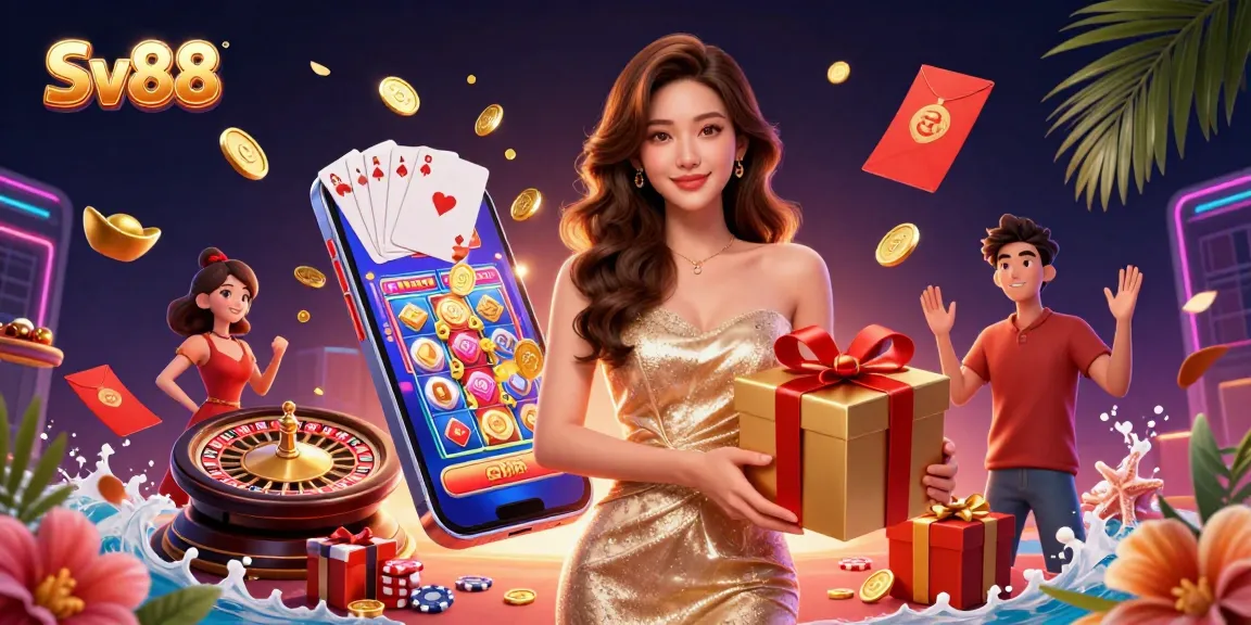 Experience the vibrant casino atmosphere with Sv88, featuring a stunning Asian model highlighting golden coins and festive elements in a Lunar New Year theme.