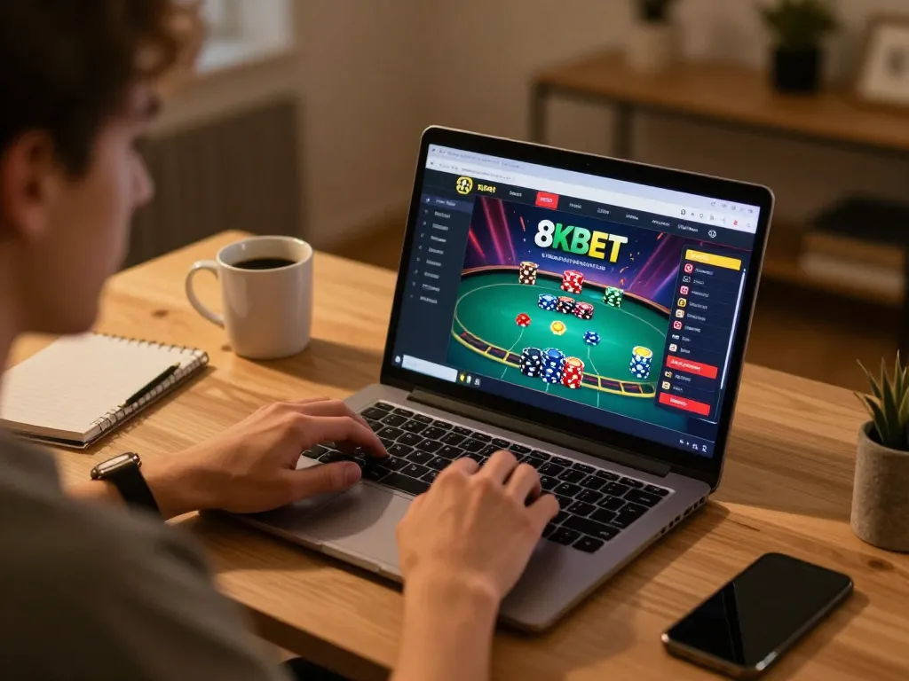 Player engaging with 8xbet online poker game on laptop at home, showcasing responsible gaming atmosphere.